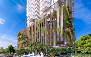 The Valeron Tower's planted podium facade on C-5, DMCI Homes artist's perspective